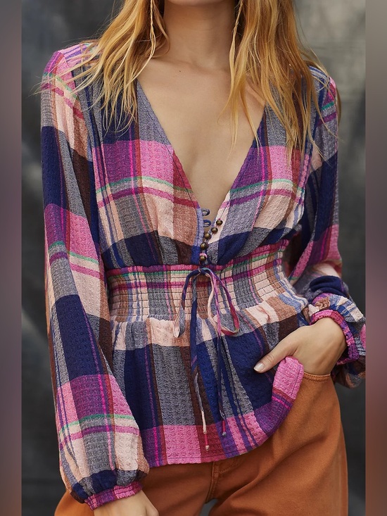 Pilcro Tops - Pilcro Anthropologie Plaid Boho Peplum Top V-Neck Smocked Waist Cottagecore S